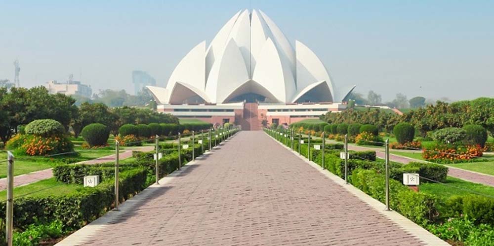 Lotus Temple architecture and garden path in New Delhi
