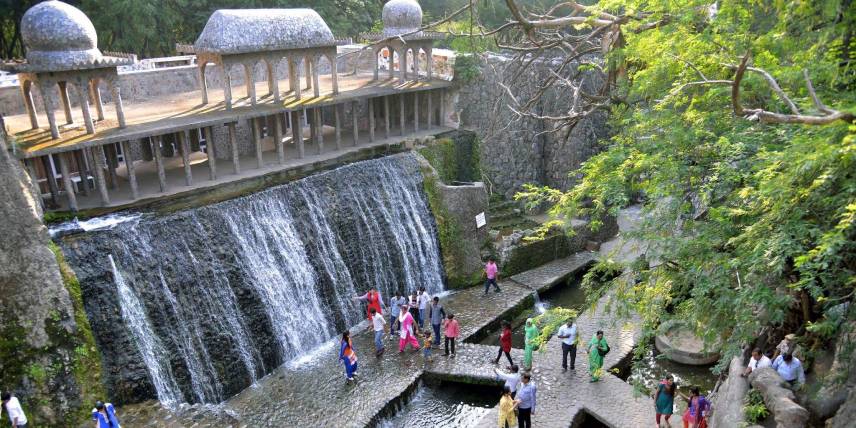 Waterfall and recycled sculptures at Rock Garden Chandigarh