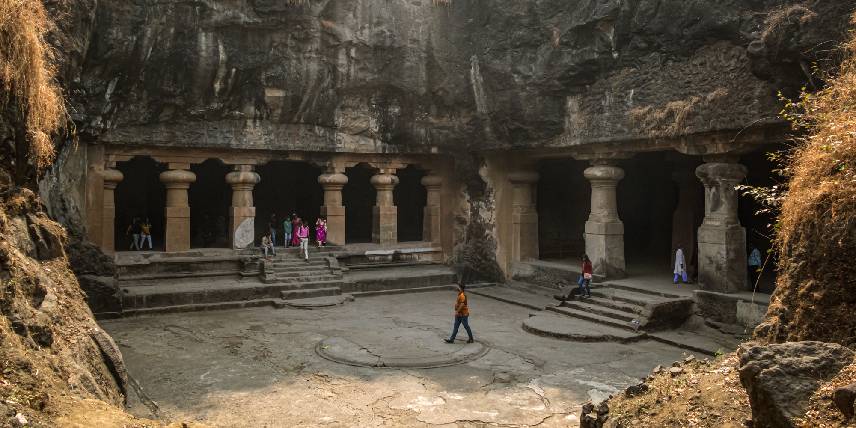 Rock-cut temples and pillars at Elephanta Caves, UNESCO site near Mumbai