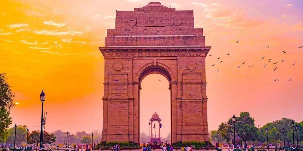 India Gate memorial in New Delhi at sunset