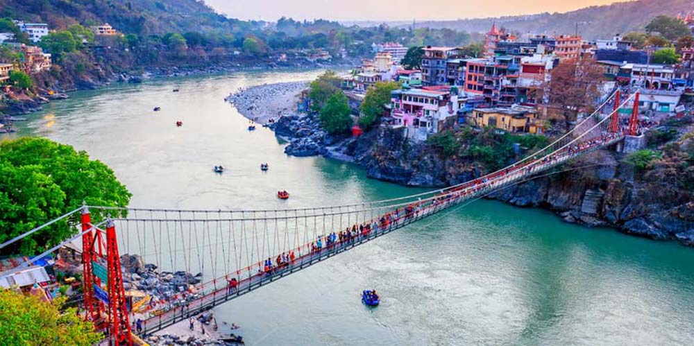 Aerial view of Lakshman Jhula suspension bridge over the River Ganges